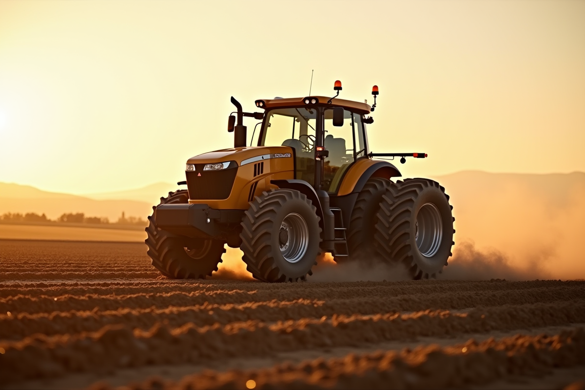Grand tracteur traversant un champ ensoleille avec traces de pneus
