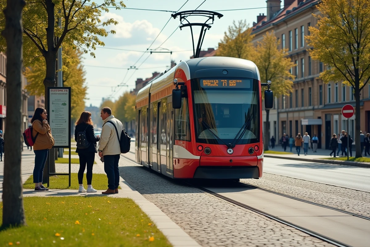 Tramway Tisséo à Toulouse sur un boulevard urbain avec arrêt et passagers