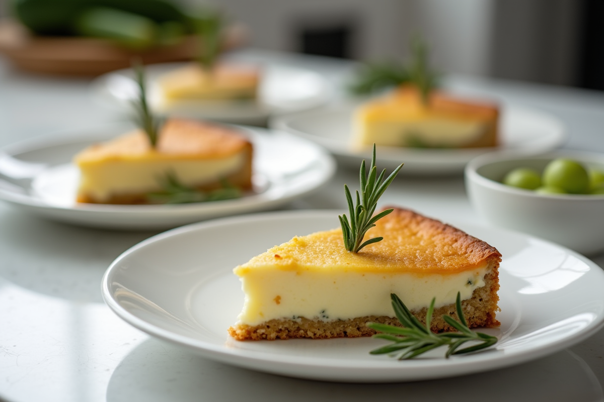 Tranches de gâteau courgette et chèvre sur assiettes blanches