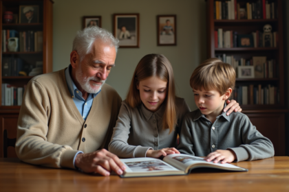 Famille de trois générations autour d'un album photo