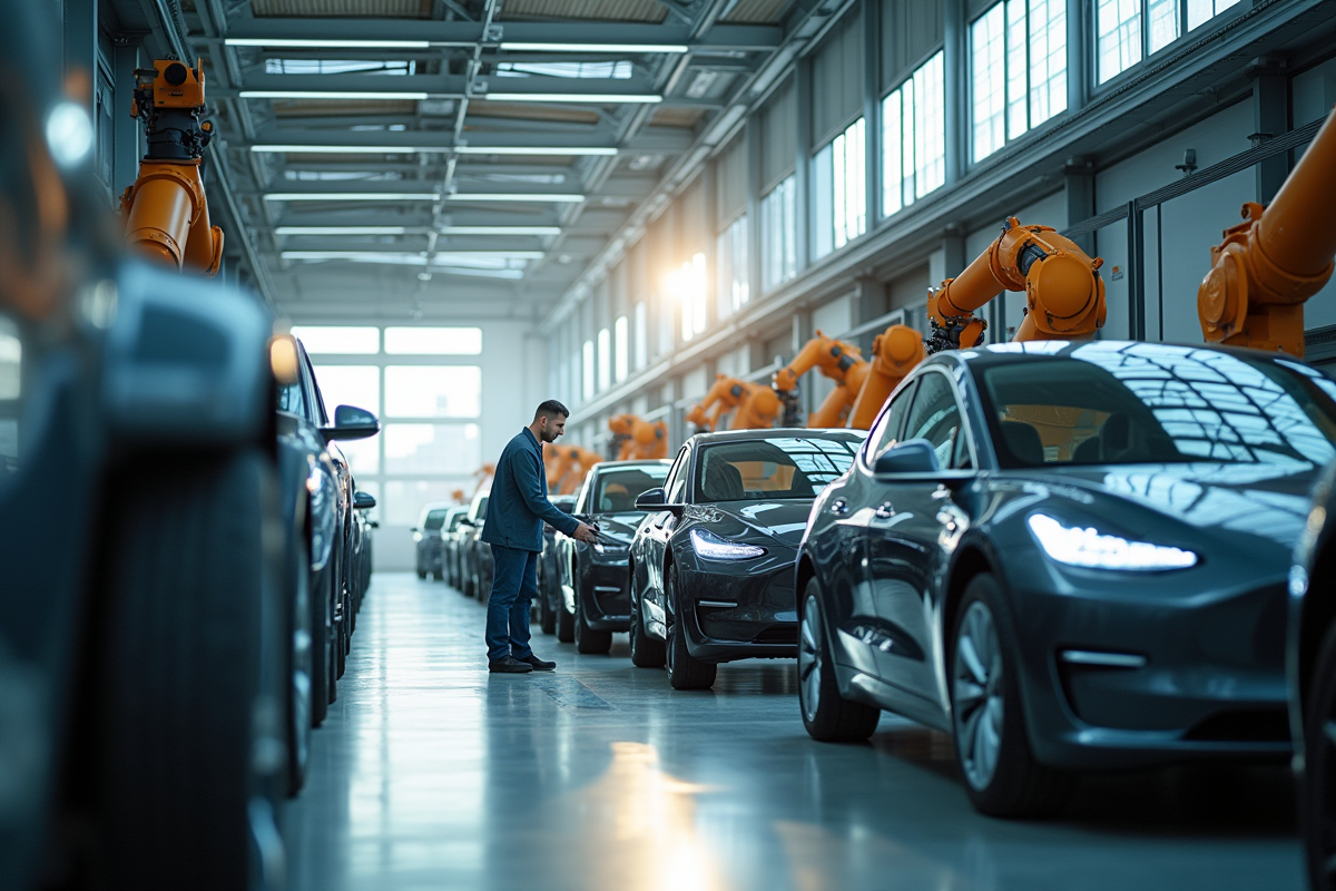 Usine automobile hightech en France avec robots et ingénieurs
