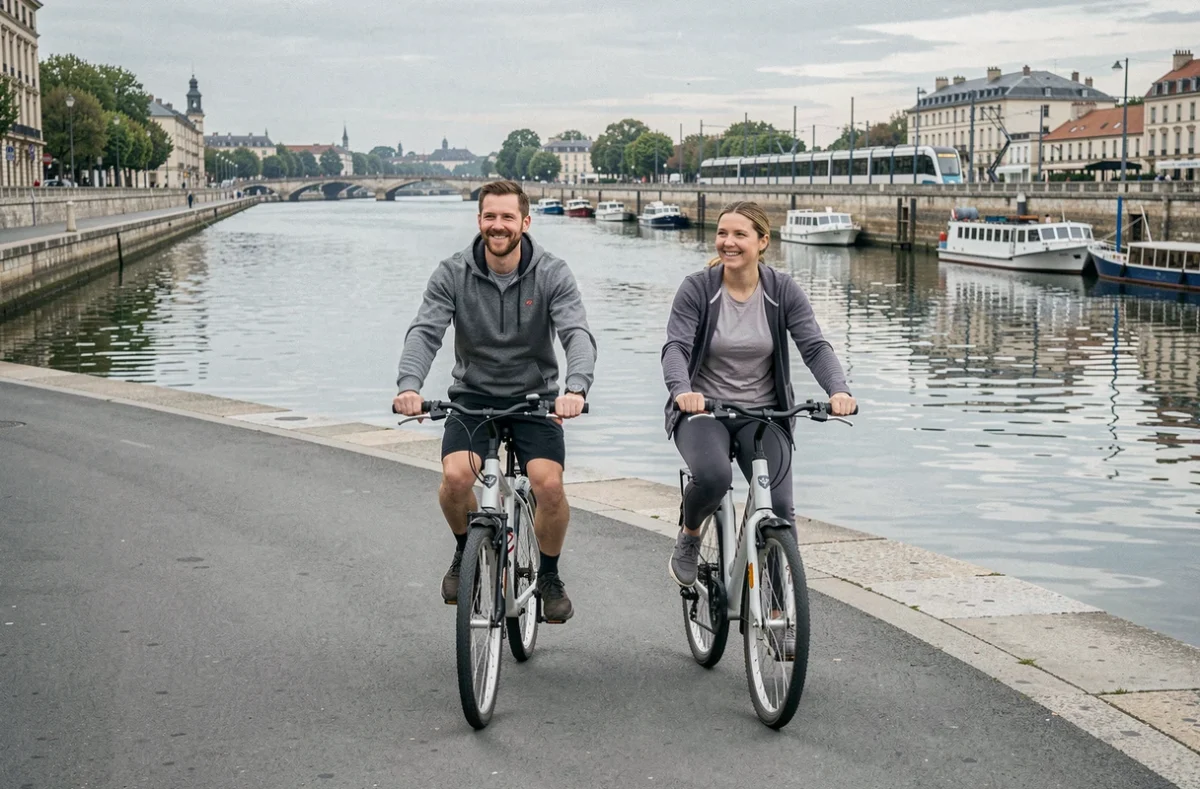 Couple faisant du vélo sur les quais de la Garonne à Bordeaux, profitant d'une balade leisurely au bord du fleuve par beau temps