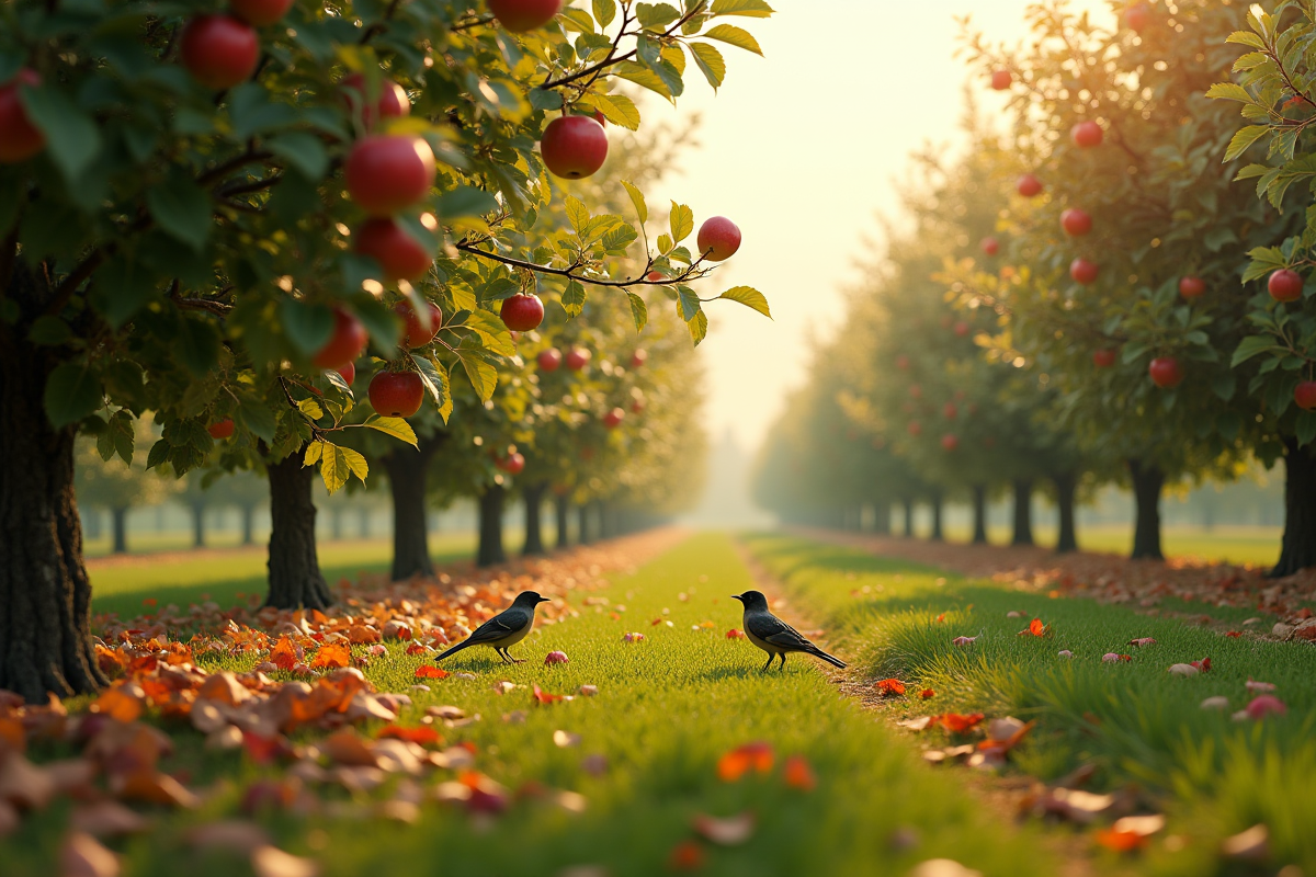 Verger de pommiers avec oiseaux et insectes parmi les branches ensoleillées