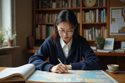 Femme japonaise cherchant une ville du Japon en 5 lettres dans un atlas entouré de mots croisés