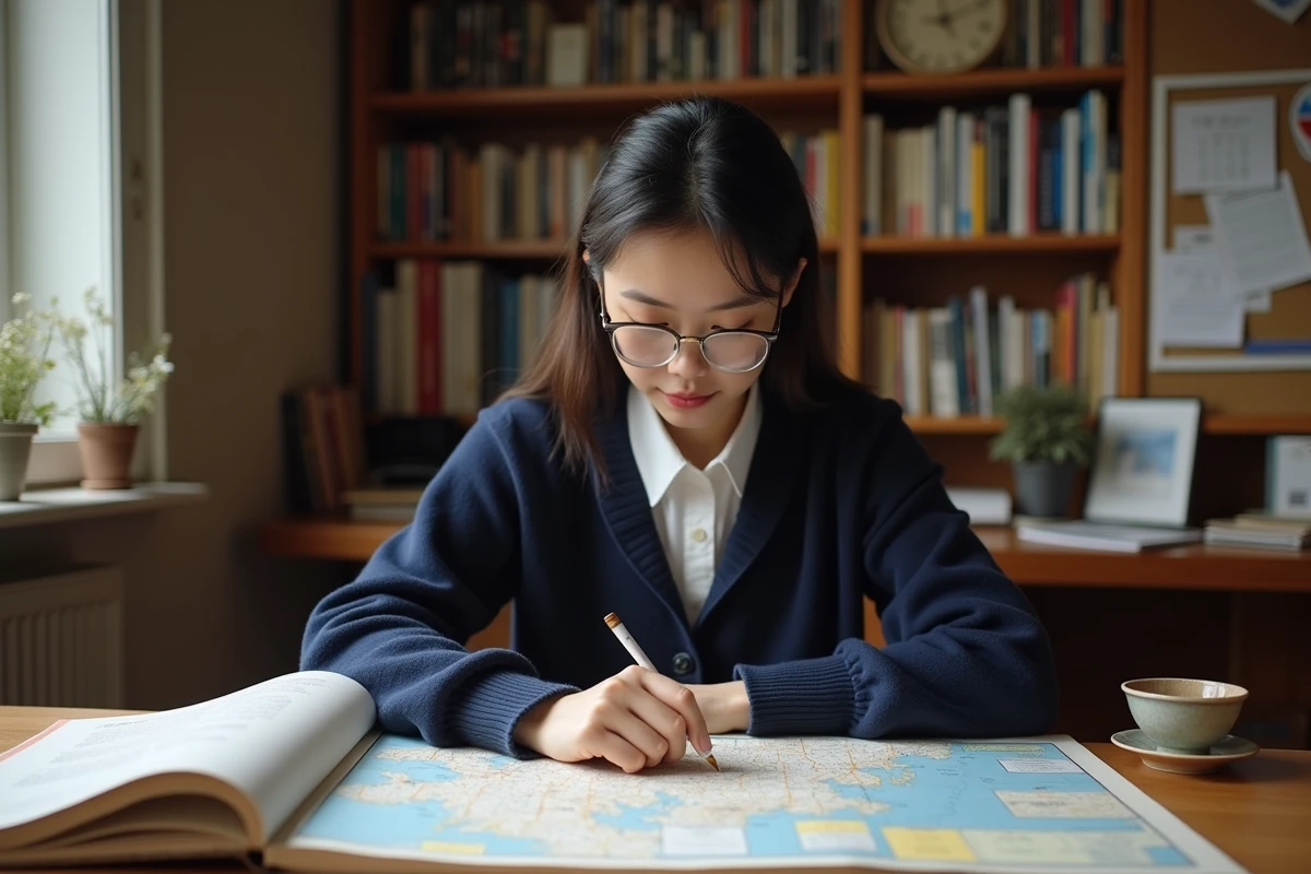 Femme japonaise cherchant une ville du Japon en 5 lettres dans un atlas entouré de mots croisés