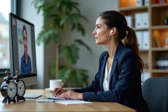 Femme en visioconférence depuis son bureau avec deux horloges affichant les fuseaux horaires de Washington et Paris