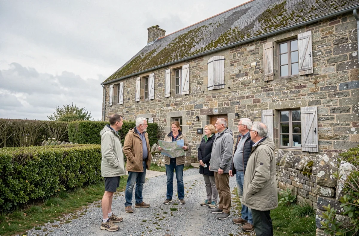 Groupe de visiteurs lors d'une visite guidée du site du Kerfent avec une guide tenant une carte, devant un bâtiment en pierre typique de Bretagne