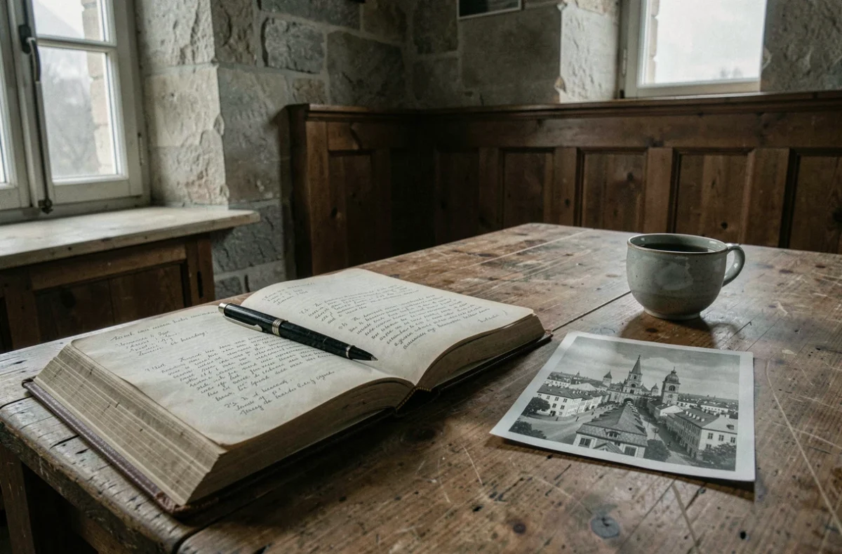 Livre ancien et photographie d'archives évoquant les recherches sur les origines de Vladimir Boudnikoff dans un contexte historique est-européen