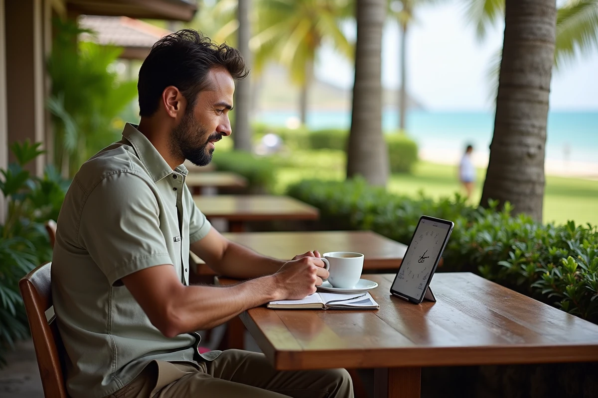Voyageur consultant un tableau de fuseaux horaires sur tablette dans un café en plein air à La Réunion