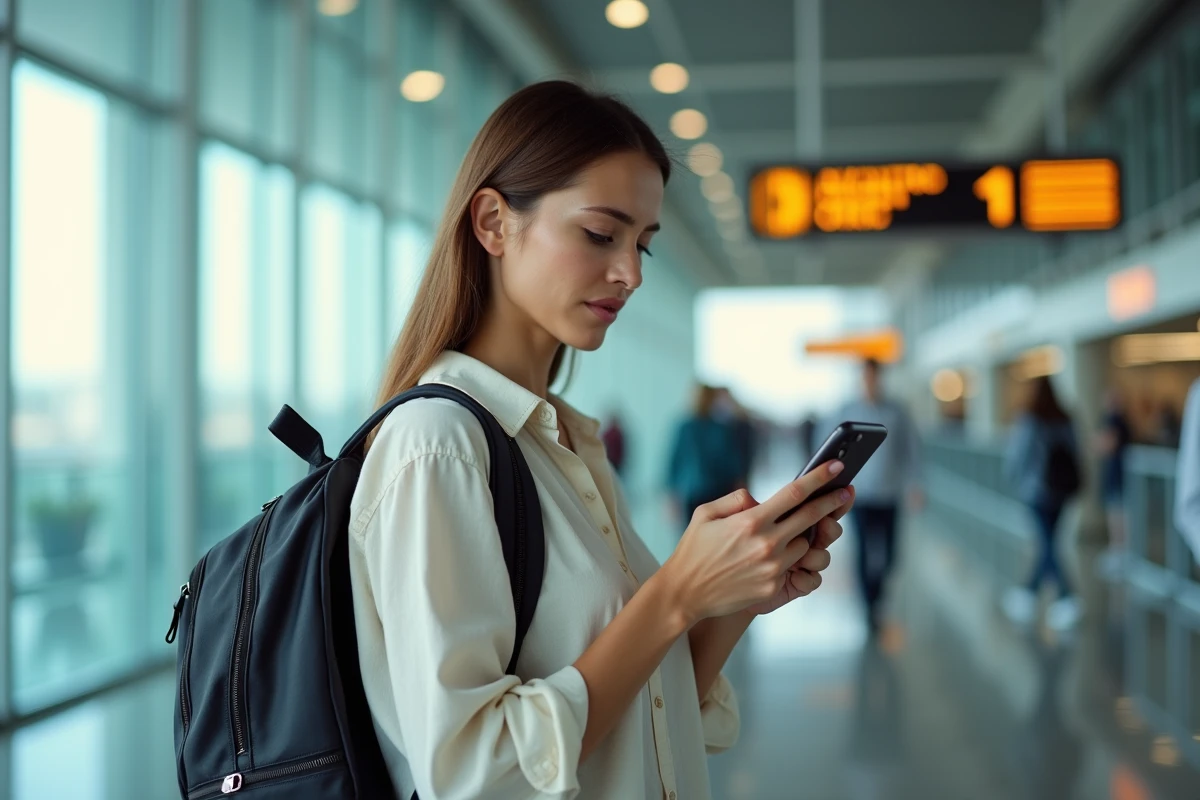 Voyageuse à l'aéroport consultant son téléphone pour vérifier l'heure locale après un vol vers La Réunion